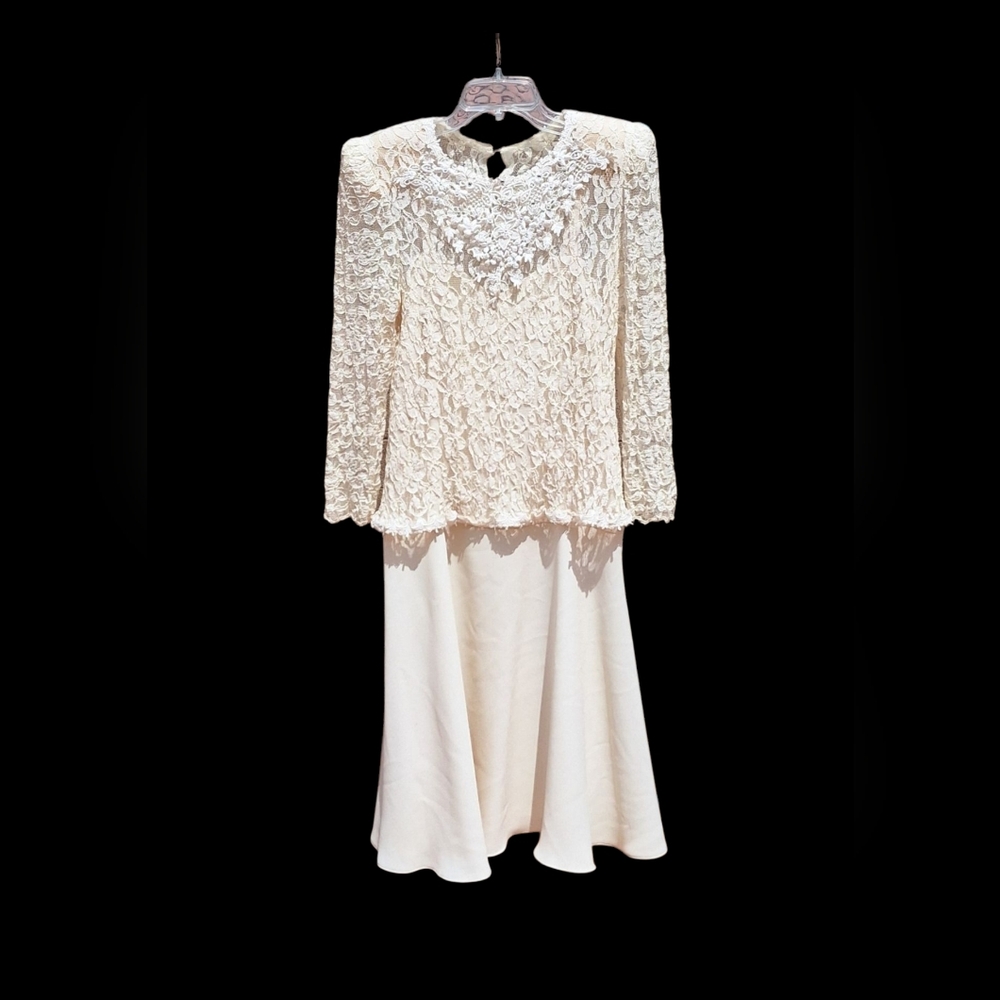 Vintage Patra Ivory Lace Midi Dress Mother of Bride Cream Pearl Formal Bridal 12